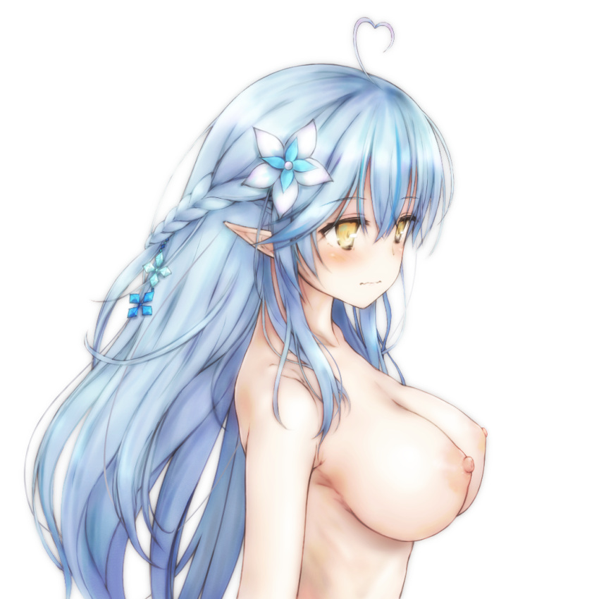 ahoge blue_hair braid breasts colored_tips esan_(llamaesan) female flower from_side hair_flower hair_ornament half_updo heart heart_ahoge hololive large_breasts long_hair multicolored_hair nipples nude pointy_ears sidelocks solo standing straight_hair streaked_hair virtual_youtuber white_background yukihana_lamy