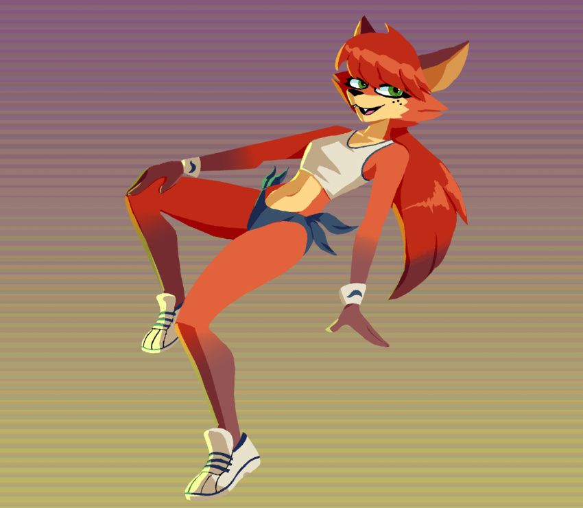 alternate_hairstyle anthro bottomwear canid canine clothing countershading female fox freckles fur green_eyes hair hi_res hotpants mammal orange_body orange_fur orange_hair patricia_mac_sionnach ponytail red_fox shorts solo tailless true_fox vgfm