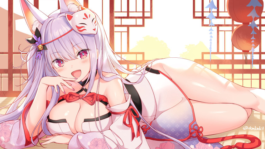 aliasing animal_ears blush breasts cleavage curcumin foxgirl japanese_clothes kamishiro_natsume long_hair mask melty+ oerba_yun_fang purple_hair red_eyes ribbons signed