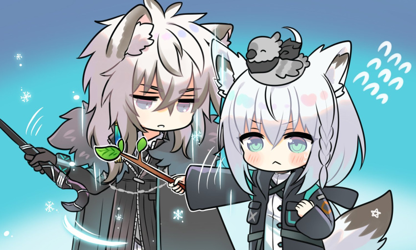 1boy :< ahoge animal_ears animal_on_head arknights bad_id bad_twitter_id bird bird_on_head black_jacket blue_background braid cane commentary_request female flying_sweatdrops fox_ears fox_girl fox_tail fur-trimmed_jacket fur_trim green_eyes grey_eyes hair_between_eyes holding holding_cane holding_stick hololive jacket leopard_ears long_hair looking_at_another looking_at_viewer mashiro_miru motion_lines on_head pentagram shirakami_fubuki shirt sidelocks silverash_(arknights) single_braid stick tail tenzin_(arknights) virtual_youtuber white_hair white_shirt