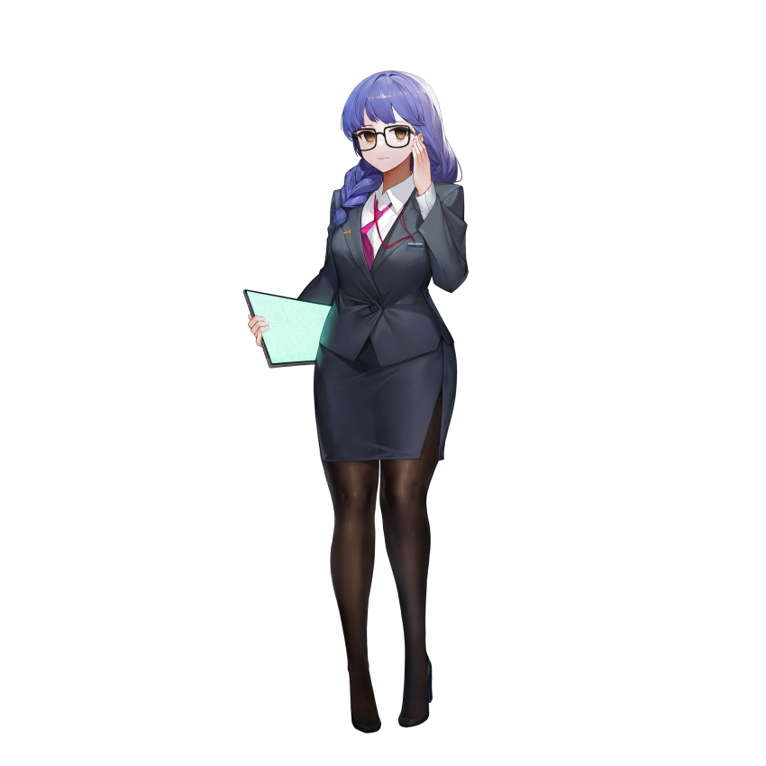 adjusting_eyewear black_pantyhose blue_hair braid braided_ponytail breasts brown_eyes female formal full_body glasses high_heels highres lanyard last_origin long_hair looking_at_viewer necktie office_lady official_art pantyhose pencil_skirt rorobomb shirt side_slit single_braid skirt skirt_suit solo suit tablet_pc tachi-e third-party_source transparent_background white_shirt yumi_(last_origin)