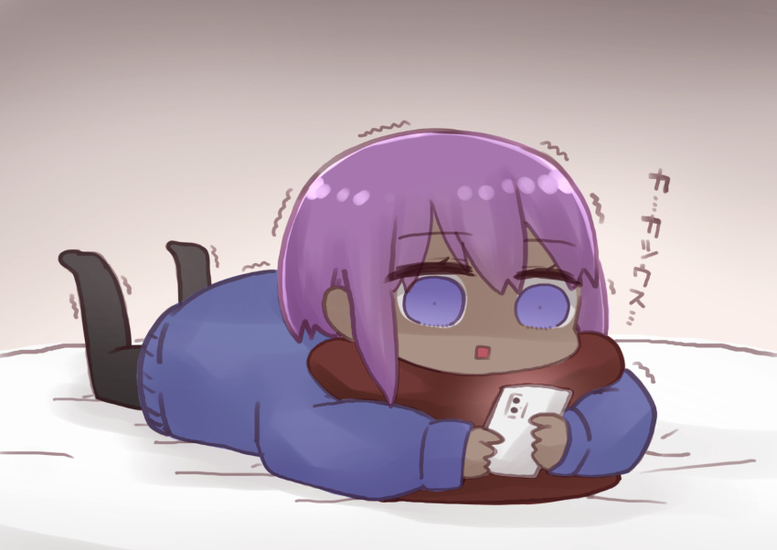 bed_sheet black_pantyhose blue_sweater cellphone chibi commentary_request dark-skinned_female dark_skin fate/prototype fate/prototype:_fragments_of_blue_and_silver fate_(series) female hair_between_eyes hassan_of_serenity_(fate) highres holding holding_phone hugging_object i.u.y legs_up long_sleeves lying no_shoes on_stomach pantyhose phone pillow pillow_hug puffy_long_sleeves puffy_sleeves purple_eyes purple_hair shaded_face sleeves_past_wrists solo square_mouth sweater trembling very_dark_skin