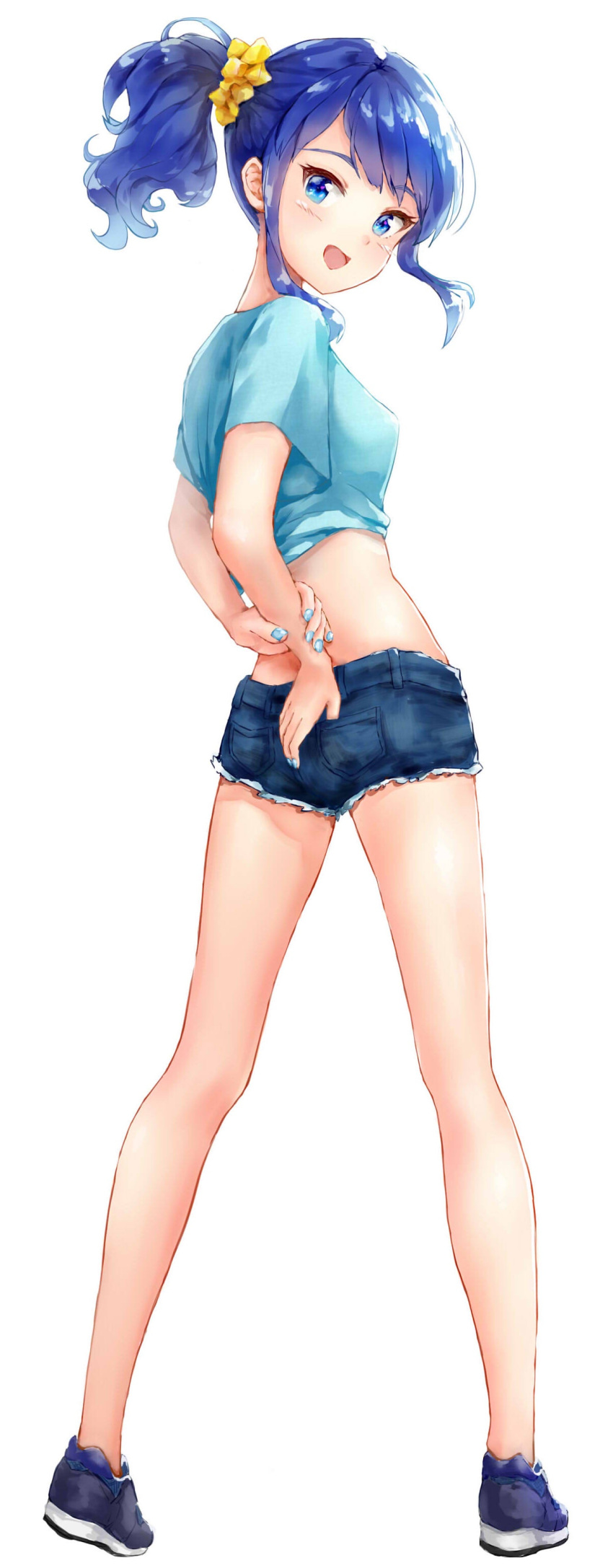 :d absurdres aikatsu! aikatsu!_(series) arms_behind_back bare_legs black_footwear blue_eyes blue_hair blue_nails blue_shirt blue_shorts crop_top ctjfj923 denim denim_shorts female from_behind full_body hair_ornament hair_scrunchie highres kiriya_aoi long_hair looking_at_viewer looking_back midriff nail_polish open_mouth scrunchie shirt shoes short_shorts short_sleeves shorts side_ponytail sidelocks simple_background smile sneakers solo twisted_torso white_background yellow_scrunchie