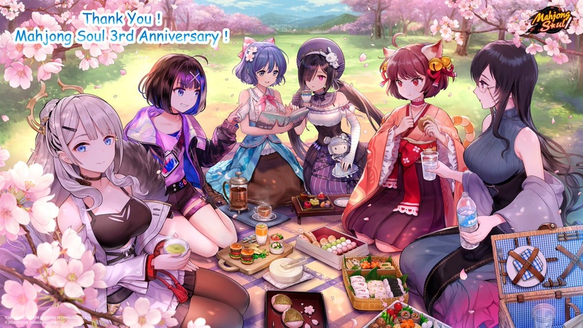 6+girls animal_ears anniversary asatani_tomoyo black_hair blue_eyes blue_hair bottle bow breasts brown_eyes brown_hair cat_ears cat_girl cherry_blossoms choker coffee_press comic_sans commentary copyright_name cup day doll english_commentary english_text flower food food_request frilled_choker frills glasses hair_flower hair_ornament hairpin himekawa_hibiki holding holding_bottle holding_cup ichihime jingle_bell_earrings large_breasts logo mahjong_soul morikawa_ayako multicolored_hair multiple_girls nanami_reina official_art onodera_nanaha outdoors petals picnic pink_bow purple_eyes saionji_kazuha sandwich seiza short_shorts shorts sitting smile spoon sushi teacup thank_you tree water_bottle white_hair