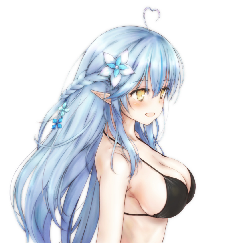 ahoge bikini black_bikini blue_hair braid breasts colored_tips esan_(llamaesan) female flower from_side hair_flower hair_ornament half_updo heart heart_ahoge hololive large_breasts long_hair multicolored_hair open_mouth pointy_ears sidelocks smile solo standing straight_hair streaked_hair swimsuit virtual_youtuber white_background yukihana_lamy