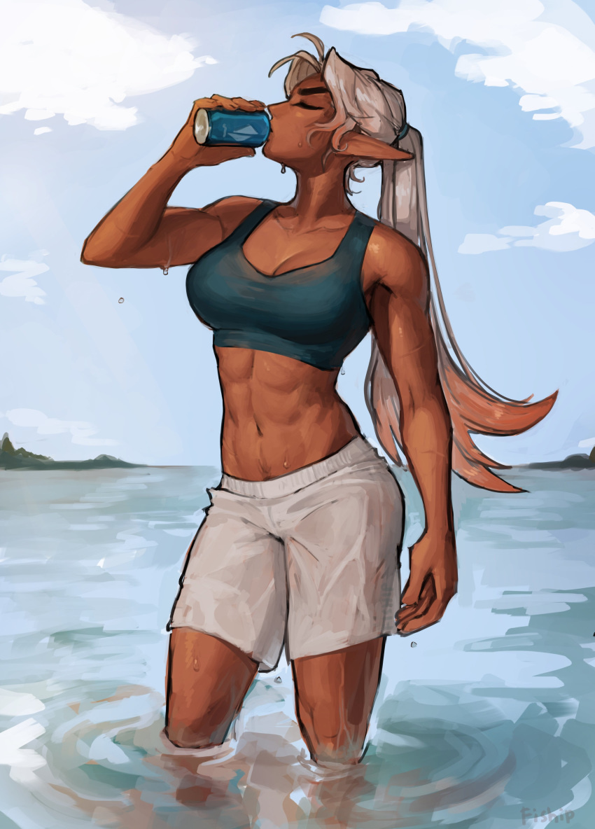 abs absurdres artist_name bare_shoulders blue_sports_bra breasts can cleavage closed_eyes cloud collarbone commentary dark-skinned_female dark_elf dark_skin day drink drinking elf english_commentary feet_out_of_frame female female_pubic_hair gradient_hair highres holding holding_can lake large_breasts long_hair matilda_fiship medium_breasts midriff multicolored_hair muscular muscular_female navel navel_hair obliques olivia_(matilda_fiship) original outdoors pointy_ears ponytail pubic_hair pubic_hair_peek scar shorts sky sleeveless solo sports_bra sportswear standing thick_eyebrows toned very_long_hair wading water watermark wet wet_clothes white_hair