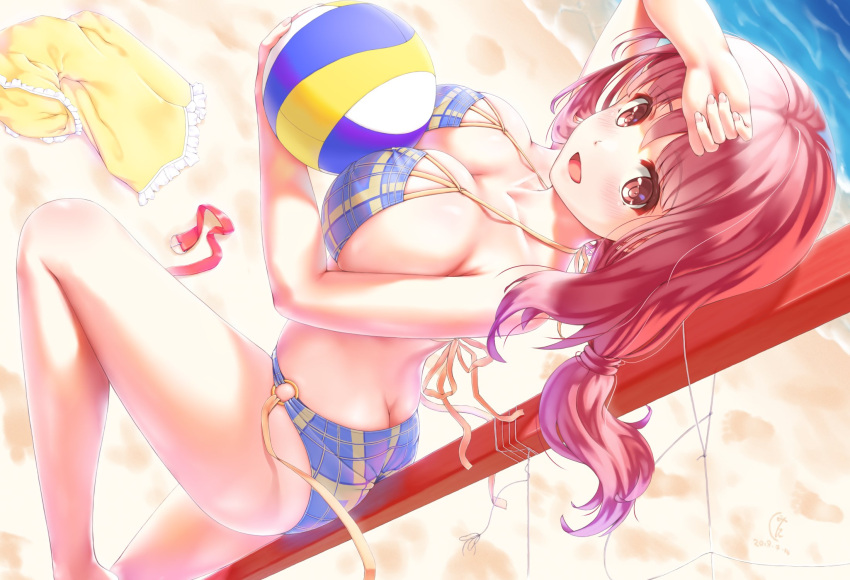 :d ass beach beach_volleyball between_breasts bikini blue_bikini blush breast_press breasts brown_eyes brown_hair butt_crack cleavage commentary_request deep_skin dutch_angle etsunami_kumita feet_out_of_frame female from_side halterneck harukana_receive highres large_breasts long_hair looking_at_viewer low-tied_long_hair o-ring o-ring_bikini o-ring_bottom oozora_haruka_(harukana_receive) open_mouth sand skindentation smile solo strap_gap swimsuit unworn_clothes volleyball_net water