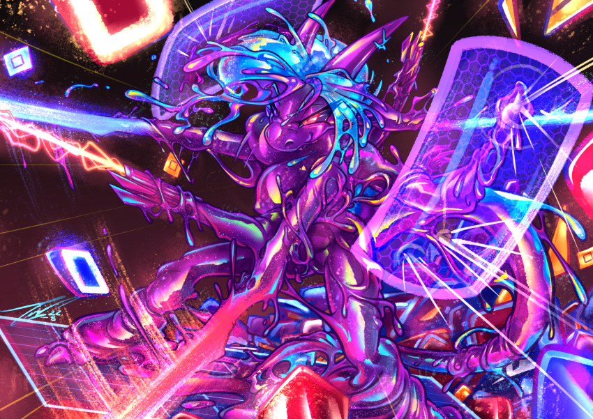 audica audioshield beat_saber carnival_(artist) cybernetics dragon female gameplay_mechanics goo_creature goo_dragon goo_drip gynomorph_(lore) hi_res machine melting mythological_creature mythological_scalie mythology purple_body queen_vinyl_da.i'gyu-kazotetsu rhythm_game scalie virtual_reality