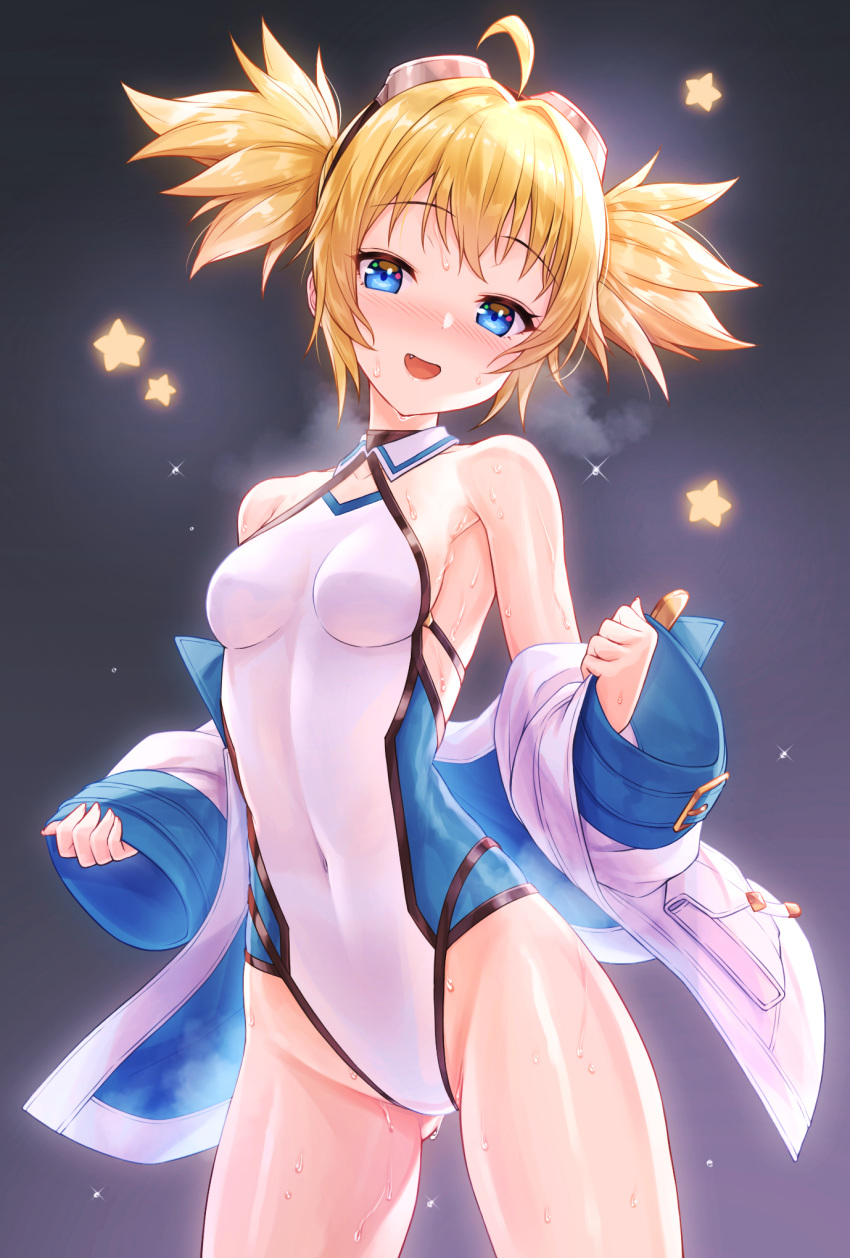 :d ahoge ass_visible_through_thighs bare_shoulders blonde_hair blue_eyes blue_jacket blush breasts commentary_request covered_navel eyewear_on_head female goggles goggles_on_head gradient_background granblue_fantasy grey_background highres jacket leotard long_sleeves looking_at_viewer nose_blush oerba_yun_fang off_shoulder open_mouth pengy_(granblue_fantasy) pinching_sleeves short_hair sleeves_past_wrists small_breasts smile solo standing star_(symbol) starry_background sweat tomo_(tmtm_mf_mf) twintails white_jacket white_leotard