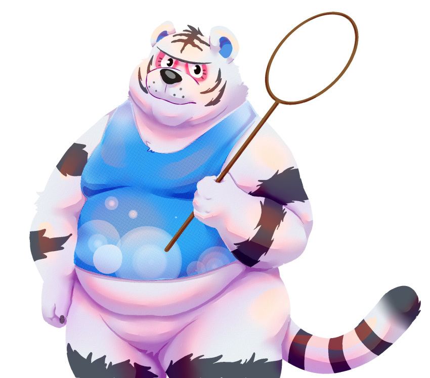 2020 animal_crossing anthro belly bottomless clothed clothing featureless_crotch felid fur hi_res lakalando male mammal nintendo overweight overweight_anthro overweight_male pantherine rolf_(animal_crossing) shirt simple_background solo tank_top tiger topwear white_background white_body white_fur