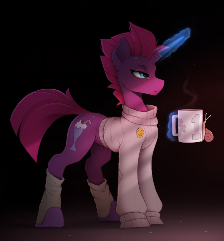 2022 absurd_res beverage black_background blue_eyes broken_horn clothed clothed_feral clothing container cup cutie_mark equid equine female feral footwear friendship_is_magic gastropod glowing glowing_horn gradient_background hasbro hi_res horn horse leggings legwear lidded_eyes magic mammal mollusk my_little_pony my_little_pony:_the_movie_(2017) mythological_creature mythological_equine mythology shoes simple_background slippers smiley_face snail solo sweater telekinesis tempest_shadow_(mlp) topwear unicorn yakovlev-vad