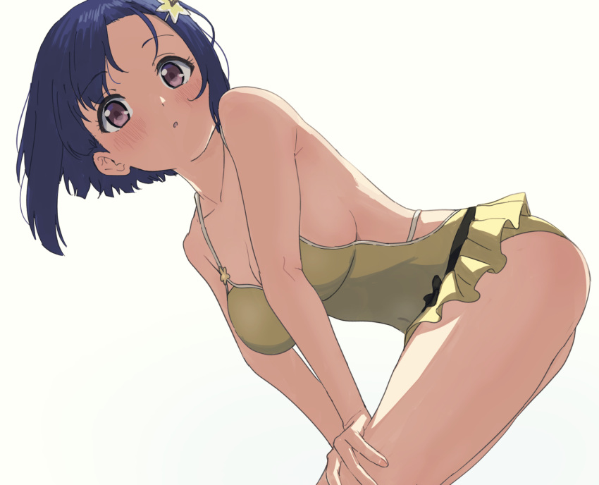 arched_back ass bent_over blue_hair blush bokutachi_no_remake breasts casual_one-piece_swimsuit cleavage collarbone commentary_request female flower hair_flower hair_ornament hands_on_own_legs highres large_breasts looking_at_viewer one-piece_swimsuit purple_eyes shino_aki short_hair simple_background sincos solo swimsuit swimsuit_skirt white_background yellow_one-piece_swimsuit