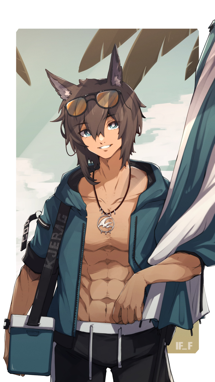 1boy abs absurdres alternate_costume animal_ears arknights artist_name beach bishounen blue_eyes brown_hair cloud cooler courier_(arknights) cowboy_shot eyewear_on_head fox_boy fox_ears highres if_f male_focus parasol sky smile solo sunglasses tan toned toned_male umbrella