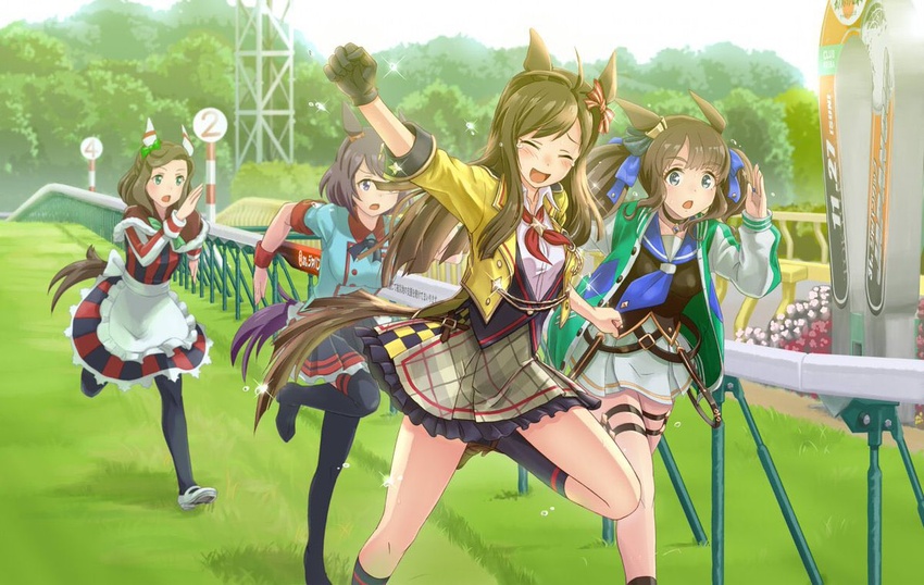 4girls animal_ears apron arm_up bad_id bad_twitter_id black_gloves blue_neckerchief brown_hair buena_vista_(umamusume) character_request cropped_jacket dress ear_covers ear_ornament frilled_dress frills frogging gloves green_jacket grey_eyes horse_ears horse_girl horse_racing_track horse_tail jacket kneehighs miniskirt multiple_girls neckerchief pantyhose racetrack red_neckerchief running sailor_collar siga_bureido single_glove skirt socks tail tearing_up thigh_strap thighhighs tosen_jordan_(umamusume) twintails umamusume waist_apron yellow_jacket