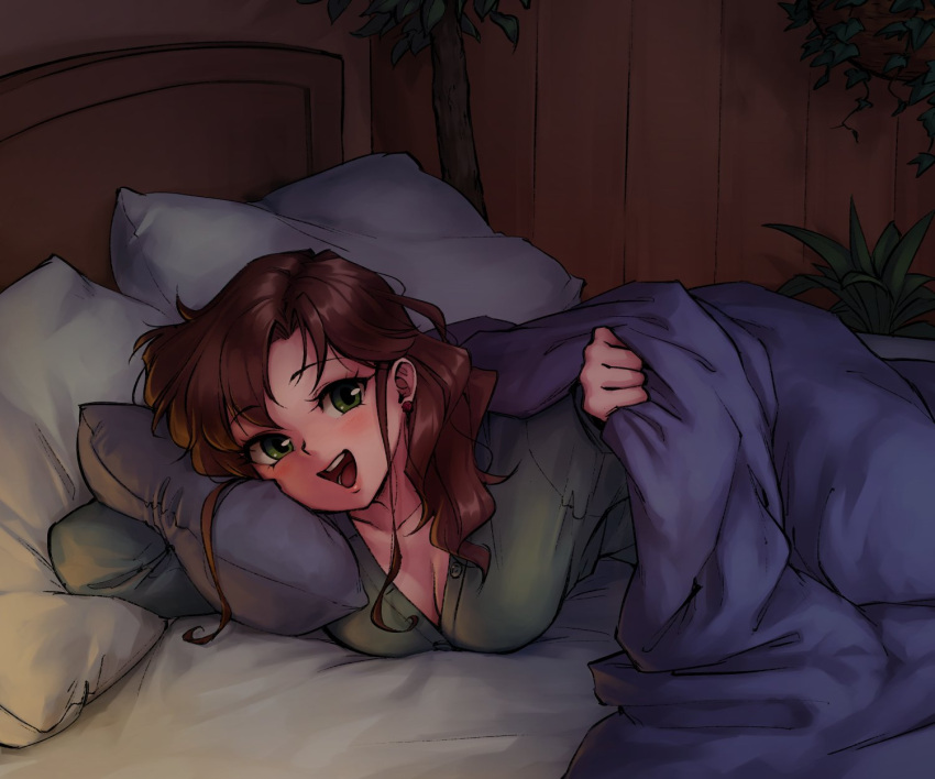 :d bed bed_invitation bishoujo_senshi_sailor_moon breasts brown_hair cleavage collarbone commentary english_commentary female green_eyes highres indoors kino_makoto large_breasts long_hair looking_at_viewer lying monorus on_bed open_mouth pajamas pillow plant smile solo under_covers