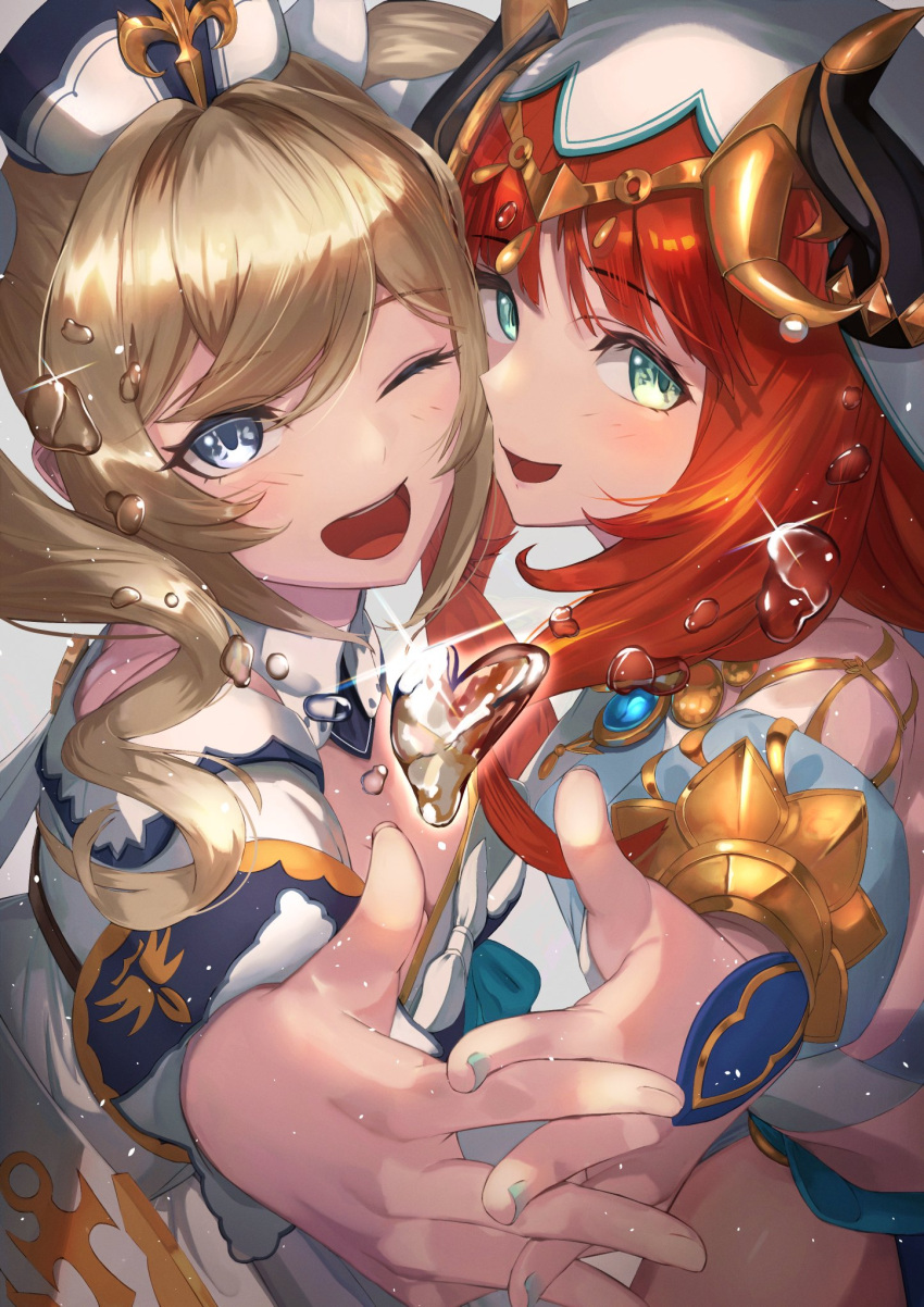 2girls announ_(kurotya) armlet barbara_(genshin_impact) bare_shoulders blonde_hair blue_eyes blue_skirt blush bracer breasts brooch detached_collar detached_sleeves dress fake_horns genshin_impact green_eyes hair_ornament harem_outfit highres horns jewelry large_breasts long_hair long_sleeves looking_at_viewer low_twintails medium_breasts multiple_girls neck_ring nilou_(genshin_impact) one_eye_closed open_mouth puffy_long_sleeves puffy_sleeves red_hair sash sidelocks skirt smile thighs twintails veil water_drop white_dress white_headwear