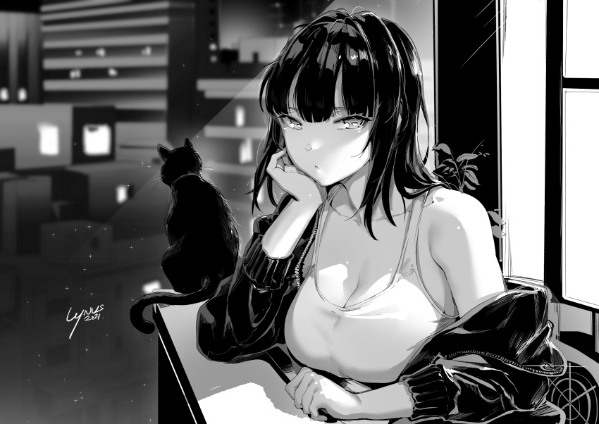 black_jacket breasts cat_day cleavage closed_mouth feline female greyscale highres indoors jacket large_breasts light_rays long_hair looking_at_viewer lynus monochrome naoko_(lynus) original plant tank_top window