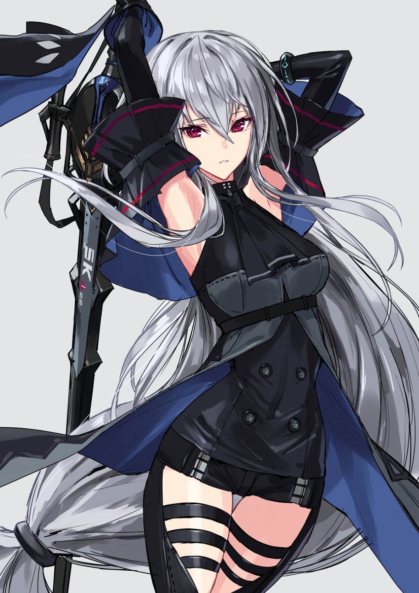 arknights armpits arms_behind_head arms_up ascot black_ascot black_pants black_shirt chaps clothing_cutout female grey_background grey_hair hair_between_eyes highres holding holding_sword holding_weapon long_hair looking_at_viewer low-tied_long_hair pants red_eyes shirt sigm@ simple_background skadi_(arknights) skadi_(elite_ii)_(arknights) sleeveless sleeveless_shirt solo sword thigh_cutout weapon