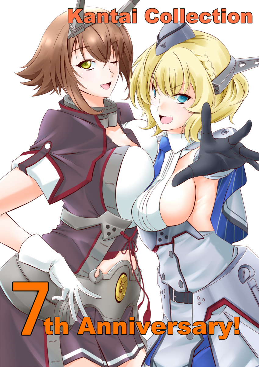 2girls anniversary asymmetrical_docking black_gloves black_skirt blonde_hair blue_eyes blue_necktie braid breast_press breasts brown_hair capelet colorado_(kancolle) commentary_request cowboy_shot dress elbow_gloves garrison_cap gloves green_eyes grey_dress grey_headwear hairband hat headgear highres kantai_collection kikumon kiriki_haruomi large_breasts looking_at_viewer midriff miniskirt multiple_girls mutsu_(kancolle) necktie one_eye_closed pleated_dress shirt short_hair side_braids sideboob sideless_shirt simple_background skirt sleeveless white_background white_gloves white_shirt