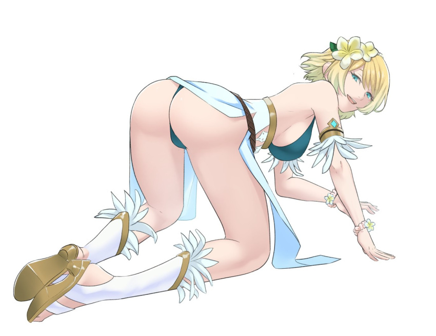 :d all_fours ass bikini blonde_hair blue_bikini blue_eyes breasts commentary commission english_commentary female fire_emblem fire_emblem_heroes fjorm_(fire_emblem) fjorm_(summer)_(fire_emblem) flower hair_flower hair_ornament hanging_breasts large_breasts looking_at_viewer official_alternate_costume open_mouth pomelomelon sandals short_hair simple_background smile solo swimsuit thighs white_background