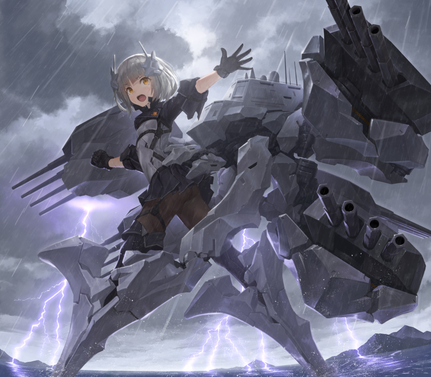 :o battleship black_gloves blonde_hair cannon commentary_request commission eminent_domain female flat_chest gloves harness headgear highres lightning mecha_musume military military_vehicle mountain mountainous_horizon ocean pantyhose personification pixiv_commission project_wingman rain ship skirt sky solo teeth tom-neko_(zamudo_akiyuki) upper_teeth_only warship watercraft yellow_eyes