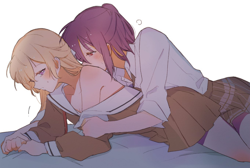 2girls bad_id bad_pixiv_id bang_dream! bare_shoulders blonde_hair blush breasts cleavage commentary_request dated_commentary hanasakigawa_school_uniform long_hair multiple_girls purple_eyes purple_hair red_eyes school_uniform seri_(vyrlw) seta_kaoru shirasagi_chisato short_hair yuri