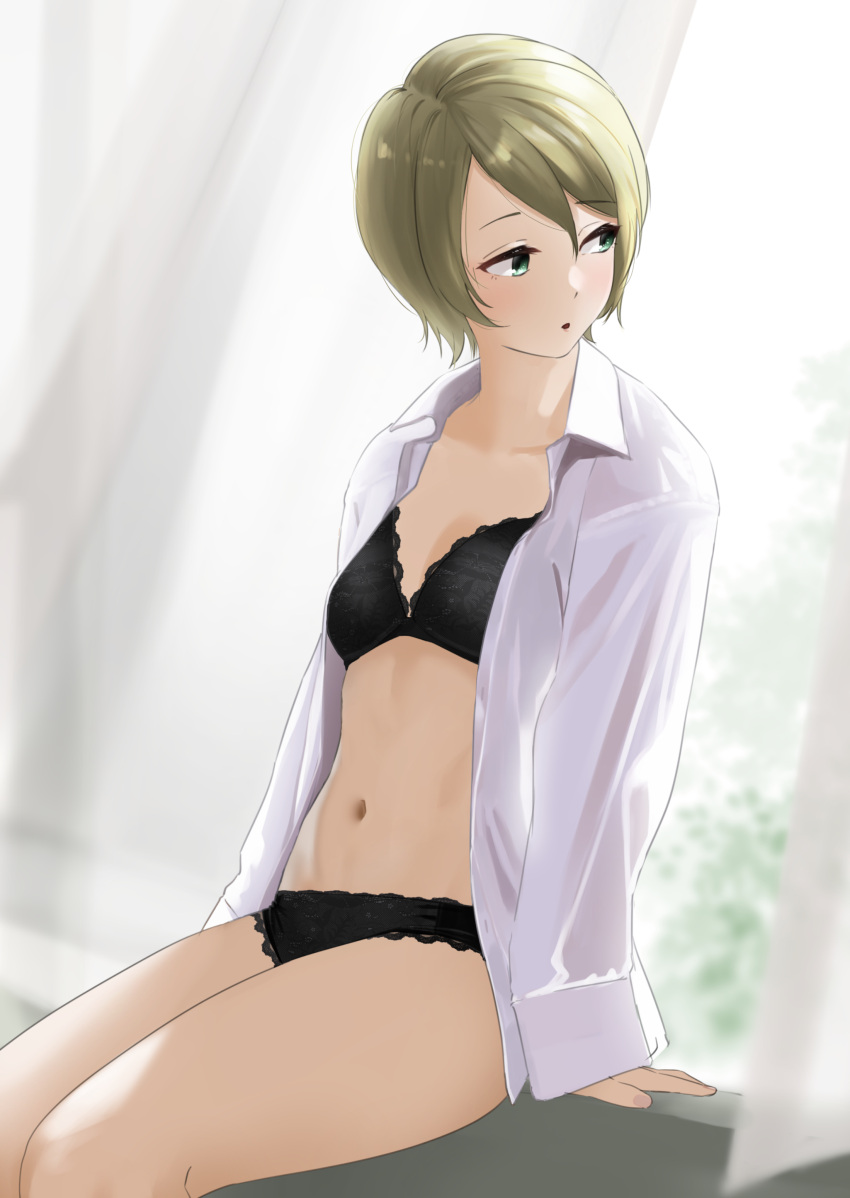 :o absurdres arm_support black_bra black_panties bra breasts commentary commission curtains feet_out_of_frame female green_eyes green_hair highres indoors looking_back navel open_clothes open_shirt panties pixiv_commission school_girl_strikers shirt short_hair sitting small_breasts solo stomach tama_(tamago) underwear white_shirt yukishiro_mari