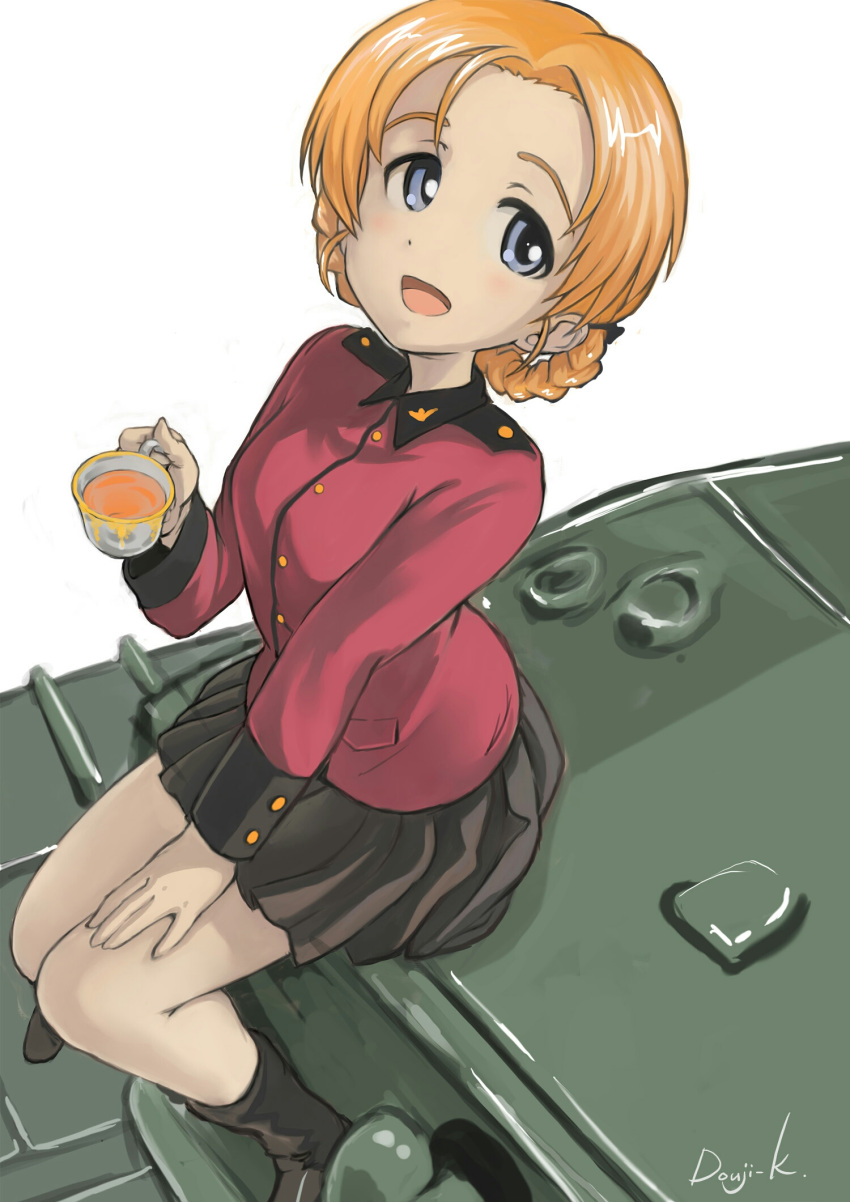 :d artist_name black_ribbon blue_eyes braid churchill_(tank) commentary cup female girls_und_panzer hair_ribbon hand_on_own_thigh highres holding holding_cup kuroneko_douji looking_at_viewer military military_vehicle motor_vehicle on_vehicle open_mouth orange_hair orange_pekoe_(girls_und_panzer) parted_bangs ribbon short_hair sitting smile solo st._gloriana's_military_uniform tank tea teacup tied_hair twin_braids white_background