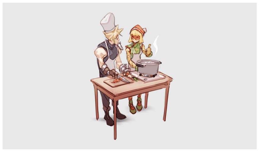 1boy ^_^ apron arms_(game) beanie black_shirt blonde_hair chef_hat closed_eyes cloud_strife cooking cooking_pot cutting_board female final_fantasy final_fantasy_vii grey_background hat highres hot_plate knife mask min_min_(arms) nin_nakajima orange_headwear shirt short_hair simple_background sleeveless spiked_hair super_smash_bros. table thumbs_up toque_blanche turtleneck