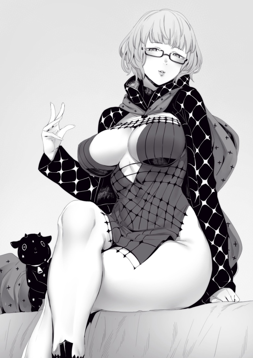 baphomet_(fate) breasts cleavage commentary_request cropped_jacket dress fate/grand_order fate_(series) female glasses greyscale highres jacket jacques_de_molay_(foreigner)_(fate) jacques_de_molay_(foreigner)_(second_ascension)_(fate) lamb large_breasts long_sleeves looking_at_viewer monochrome nakamura_regura open_clothes open_jacket sheep short_dress short_hair simple_background sitting thighs