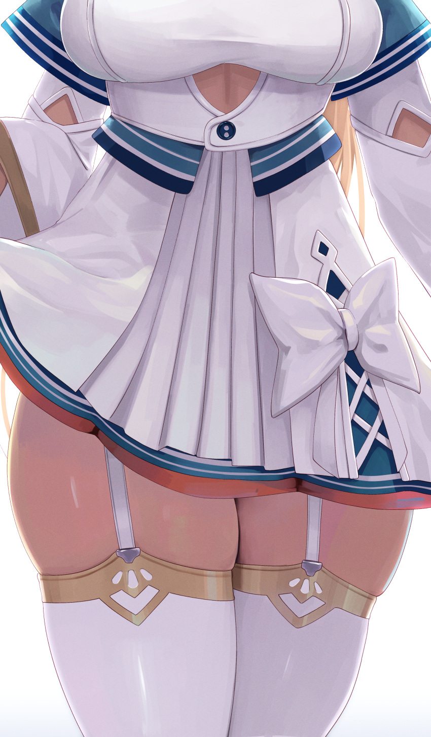 absurdres blonde_hair bow bow_skirt breasts commentary cutout_above_navel dalcom dark-skinned_female dark_skin female garter_straps highres hololive long_hair long_sleeves lower_body medium_breasts shiranui_flare shiranui_flare_(1st_costume) simple_background skindentation skirt solo thigh_focus thighhighs virtual_youtuber white_background white_bow white_garter_straps white_skirt white_thighhighs