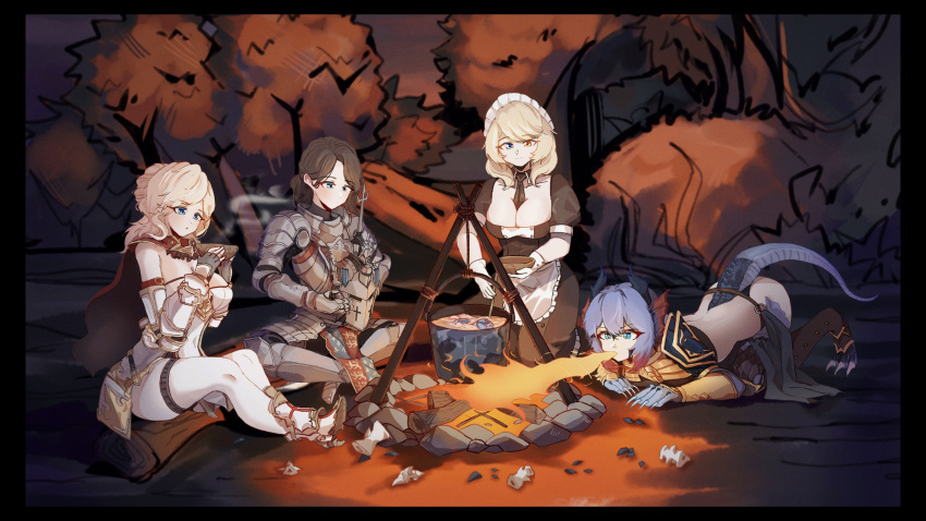 4girls absurdres apron armor bad_id bad_pixiv_id between_breasts black_dress black_necktie blonde_hair blue_eyes blue_hair breasts breath_weapon breathing_fire brown_hair campfire camping character_request cooking dragon_horns dragon_tail dress fire firewood forest frilled_apron frills gloves helmet heterochromia highres holding holding_helmet horns invincible_(warship_girls_r) large_breasts log maid maid_apron maid_headdress multiple_girls nature necktie necktie_between_breasts outdoors peanut_huasheng plate_armor pot puffy_short_sleeves puffy_sleeves renown_(warship_girls_r) saint_george_(warship_girls_r) short_hair short_sleeves sitting tail tree waist_apron warship_girls_r white_apron white_gloves yellow_eyes