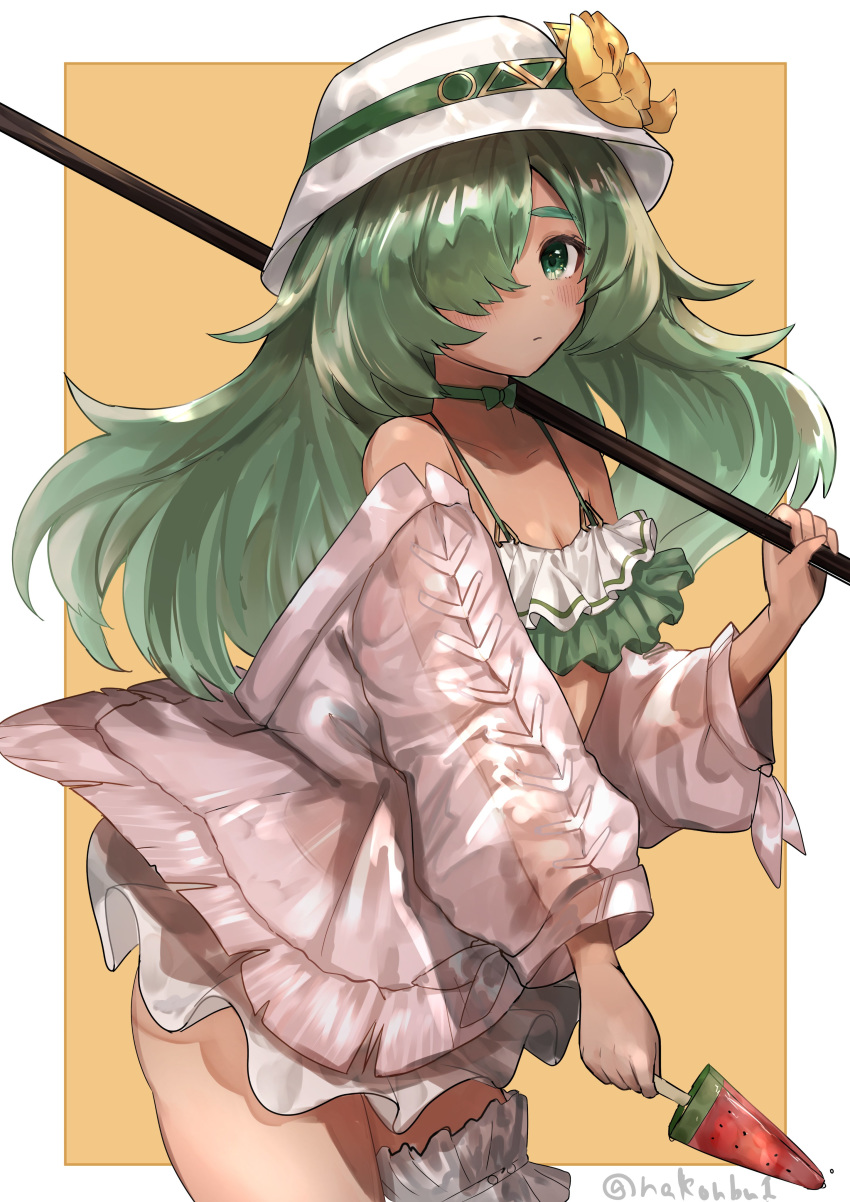 absurdres border commentary_request dark_skin female flower food granblue_fantasy green_eyes green_hair hair_over_one_eye hat hat_flower highres kolulu_(granblue_fantasy) kolulu_(summer)_(granblue_fantasy) long_hair nakonbu official_alternate_costume over_shoulder polearm popsicle solo spear swimsuit twitter_username watermelon_bar weapon weapon_over_shoulder white_border