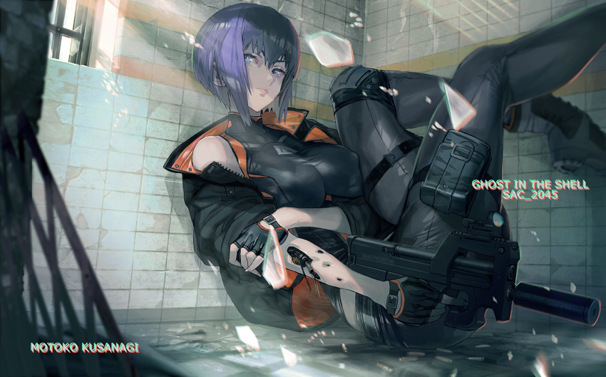 blue_eyes breasts bullet closed_mouth cyborg eyes_visible_through_hair female ghost_in_the_shell ghost_in_the_shell:_sac_2045 hair_between_eyes holding holding_weapon injury kusanagi_motoko large_breasts looking_to_the_side maeshima_shigeki purple_hair shell_casing short_hair sunlight suppressor tile_floor tile_wall tiles under_fire weapon