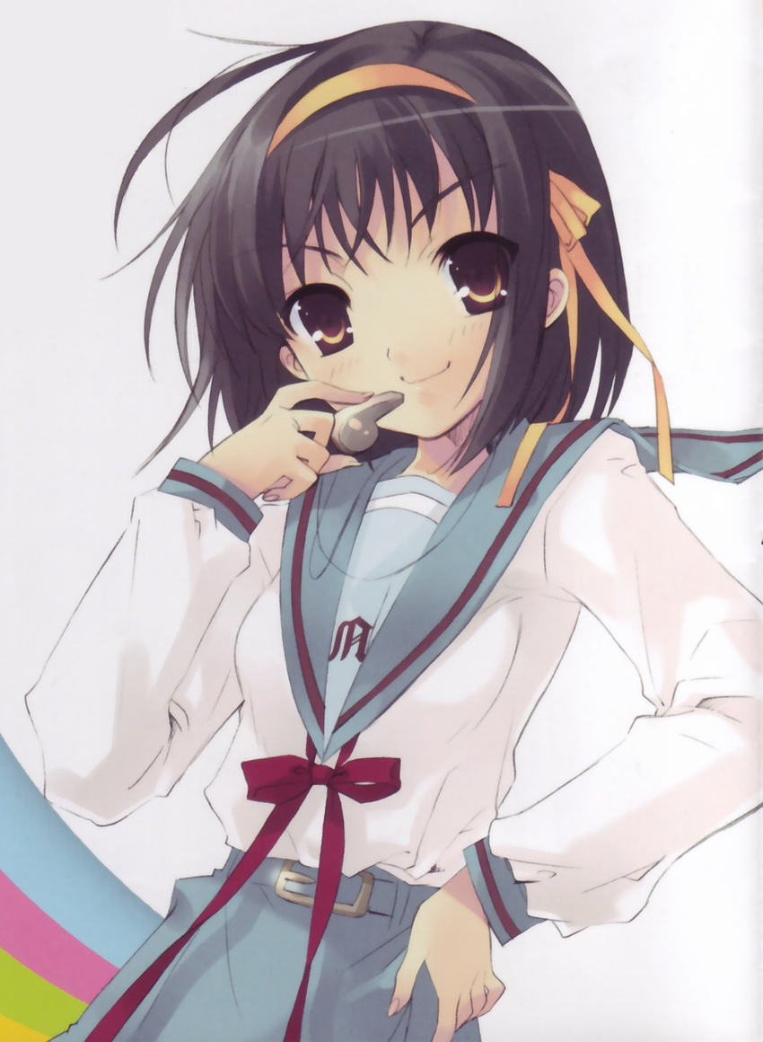 brown_hair hand_on_hips highres ribbon simple_background suzumiya_haruhi suzumiya_haruhi_no_yuuutsu whistle