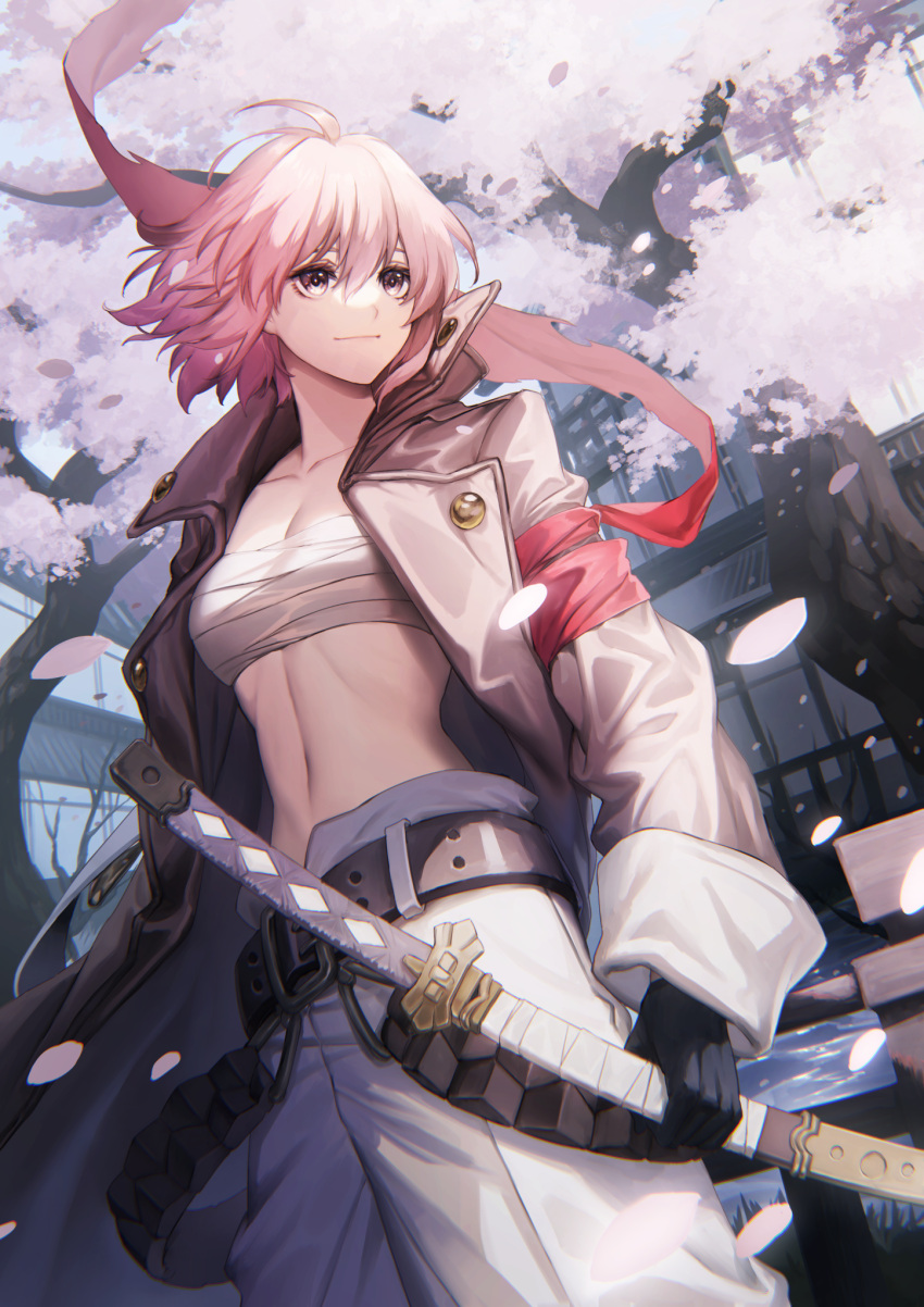 ahoge alchemy_stars armband bandages bandeau belt black_coat black_gloves breasts brown_eyes cherry_blossoms chest_sarashi cleavage closed_mouth coat collarbone commentary_request female gloves highres hiiro_(alchemy_stars) holding holding_sheath katana long_sleeves looking_afar midriff navel open_clothes open_coat outdoors pants petals pink_eyes rosa_(hoshino) sarashi sheath sheathed short_sleeves small_breasts smile solo stomach strapless sword tree tube_top weapon white_pants