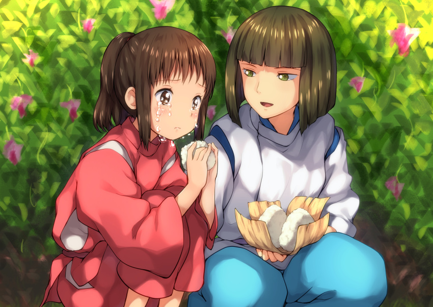 1boy blunt_bangs bob_cut crying crying_with_eyes_open day derivative_work eating female flower food haku_(sen_to_chihiro_no_kamikakushi) highres japanese_clothes lolicon looking_at_another medium_hair miyabi_(miyabeeya) ogino_chihiro onigiri outdoors pink_flower ponytail screenshot_redraw sen_to_chihiro_no_kamikakushi short_hair sidelocks squatting tears