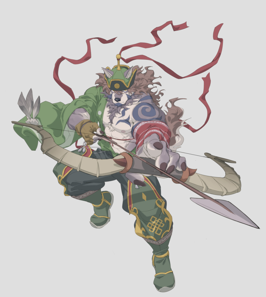 1boy abs animal_ears bara bare_pectorals bow_(weapon) brown_hair chest_hair chest_tattoo drawing_bow facial_hair fighting_stance foreshortening full_body furry furry_male goatee green_kimono grey_background grey_fur hadanugi_dousa hair_between_eyes highres holding holding_bow_(weapon) holding_weapon japanese_clothes kimono large_pectorals male_focus mature_male muscular muscular_male nipples oerba_yun_fang open_clothes open_kimono pectorals rollingstonex6 short_hair sideburns solo stomach tattoo temujin_(housamo) tokyo_afterschool_summoners tusks weapon white_fur wind wolf_boy wolf_ears