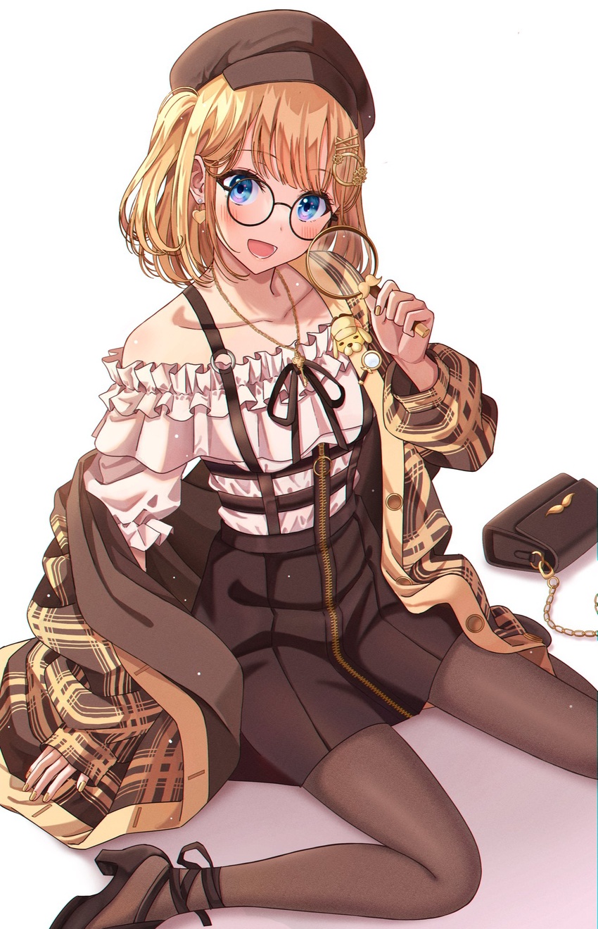 blonde_hair blue_eyes bob_cut breasts detective female glasses hair_ornament hat highres hololive hololive_english magnifying_glass medium_breasts official_alternate_hairstyle ojyomu pantyhose short_hair sitting skirt solo virtual_youtuber watson_amelia watson_amelia_(1st_costume) watson_amelia_(street_casual)