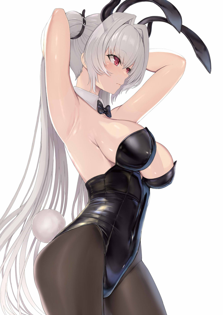 animal_ears armpits arms_up bare_shoulders belt black_belt black_bow black_bowtie black_leotard bow bowtie breasts commentary_request demon_horns detached_collar fake_animal_ears female grey_hair hair_belt hakaba_(dairiseki) highleg highleg_leotard highres horns large_breasts leotard long_hair pantyhose playboy_bunny rabbit_ears red_eyes sideboob solo strapless strapless_leotard tama_project twintails very_long_hair virtual_youtuber weiss_anne