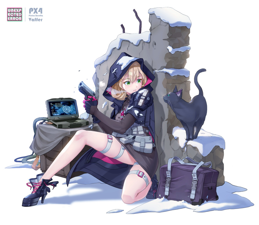 absurdres artist_name bag beretta_px4 black_cat blonde_hair breath character_name commentary computer crate dress feline female full_body girls'_frontline gloves green_eyes gun hair_between_eyes handgun hiding high_heels highres holding holding_gun holding_weapon hood hood_up hooded_coat laptop legs load_bearing_equipment mole mole_under_eye on_one_knee pouch px4_storm_(girls'_frontline) rubble shoes short_dress short_hair shoulder_pads snow snow_on_head solo sweatdrop thigh_strap vaffer wall weapon