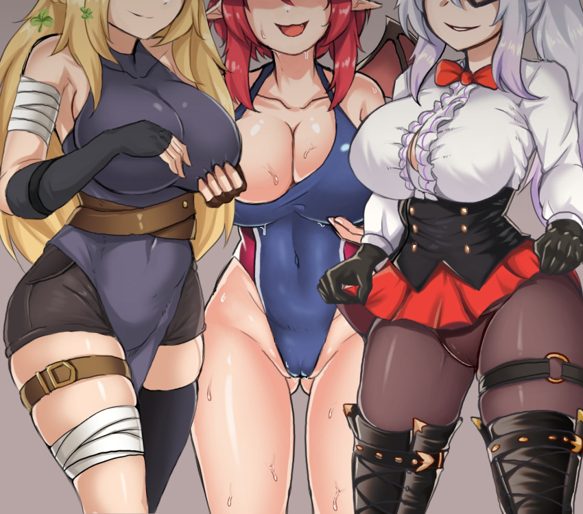 3girls bandages black_legwear blonde_hair breasts bustier cleavage collarbone competition_swimsuit demon_girl feet_out_of_frame fingerless_gloves future_knight gloves guardian_tales hand_on_own_chest head_out_of_frame highres large_breasts lifeguard_yuze long_hair multicolored_hair multiple_girls one-piece_swimsuit open_mouth p_(user_twhe8523) pantyhose pointy_ears red_eyes red_ribbon red_skirt red_wings ribbon short_hair skirt smile swimsuit thighs trickster_lucy wet wings