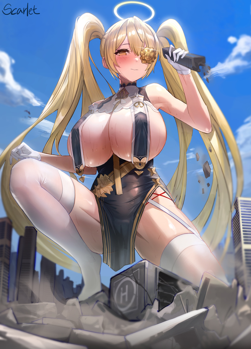 absurdres amebi arm_up armpits azur_lane black_dress blonde_hair breast_curtains breasts building city cleavage commission cosplay debris destruction dress female from_below full_body garter_straps giant giantess gloves hair_ornament halo highres holding huge_breasts long_hair looking_at_viewer looking_down no_shoes official_alternate_costume on_one_knee one_eye_covered original pelvic_curtain revealing_clothes ruins short_dress sirius_(azur_lane) sirius_(azur_lane)_(cosplay) sirius_(azure_horizons)_(azur_lane) sleeveless sleeveless_dress smile smoke solo sweat thighhighs thighs twintails very_long_hair white_gloves white_thighhighs yellow_eyes