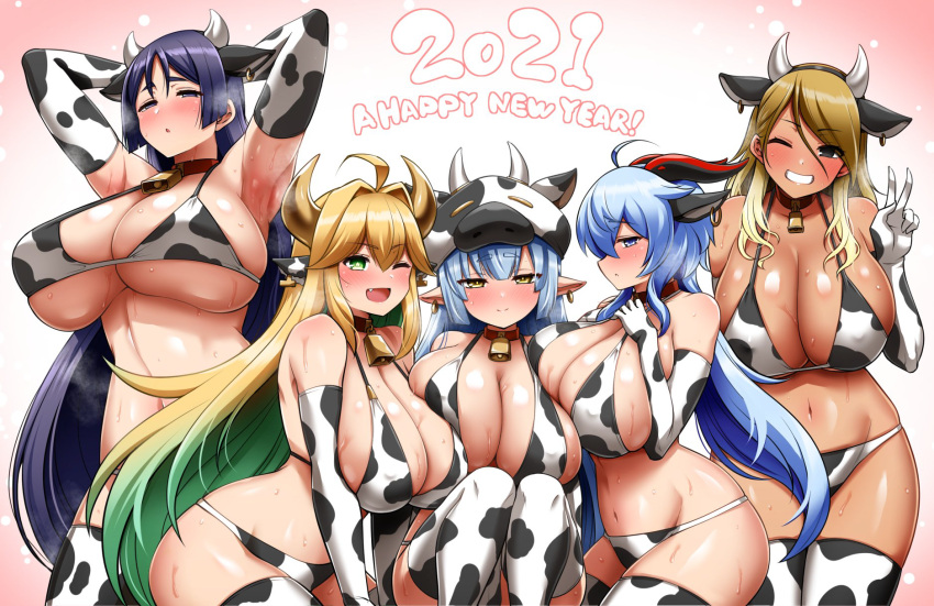 2021 5girls ahoge animal_ears animal_print arms_behind_head arms_up asymmetrical_docking bare_shoulders bell bikini blonde_hair blue_hair blush breast_press breasts catura_(granblue_fantasy) chinese_zodiac cleavage closed_mouth covered_nipples cow_ears cow_girl cow_horns cow_print cow_print_bikini cowbell crossover dark-skinned_female dark_skin draph earrings elbow_gloves elven_forest_maker fake_animal_ears fake_horns fate/grand_order fate_(series) ganyu_(genshin_impact) genshin_impact gloves goat_horns granblue_fantasy green_hair grin half-closed_eyes hand_up happy_new_year hat highres horns huge_breasts idolmaster idolmaster_shiny_colors izumi_mei jewelry kanno_takanori last_origin minamoto_no_raikou_(fate) multicolored_hair multiple_crossover multiple_girls navel new_year oerba_yun_fang official_alternate_costume one_eye_closed open_mouth parted_lips print_bikini profile purple_hair shiny_skin smile star-shaped_pupils star_(symbol) steaming_body sweat swimsuit symbol-shaped_pupils underboob v year_of_the_ox yellow_eyes