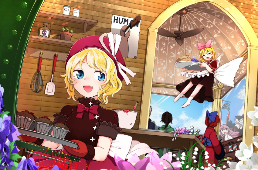 1boy 5girls :d animal_ears back_bow bad_food baking blonde_hair blue_bow blue_eyes blue_sky blush bow bowl ceiling closed_eyes commentary_request cupcake dress_bow english_text floating flower flower_request food foxglove hairbow happy hat hat_ribbon japanese_clothes kaisenpurin kimono knife lily_of_the_valley long_hair long_sleeves medicine_melancholy multiple_girls necktie nurse_cap obi open_mouth pink_flower poison_(final_fight) poster_(object) rabbit_ears red_bow red_flower red_hair red_headwear red_kimono red_necktie reisen_udongein_inaba ribbon sash sekibanki shirt short_hair short_sleeves skull_and_crossbones sky smile spider_lily su-san table touhou white_flower white_ribbon white_shirt wide_sleeves wolfsbane_(flower) yagokoro_eirin