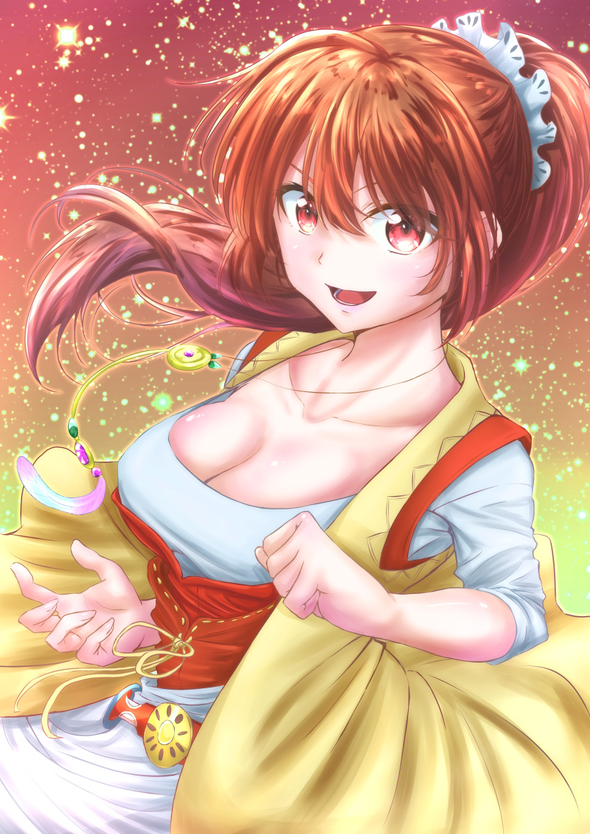 :d absurdres breasts brown_eyes brown_hair cleavage dress ellen_carson female highres large_breasts long_hair looking_at_viewer open_mouth ponytail romancing_saga_3 romancing_saga_re;universe saga sakunaru smile solo