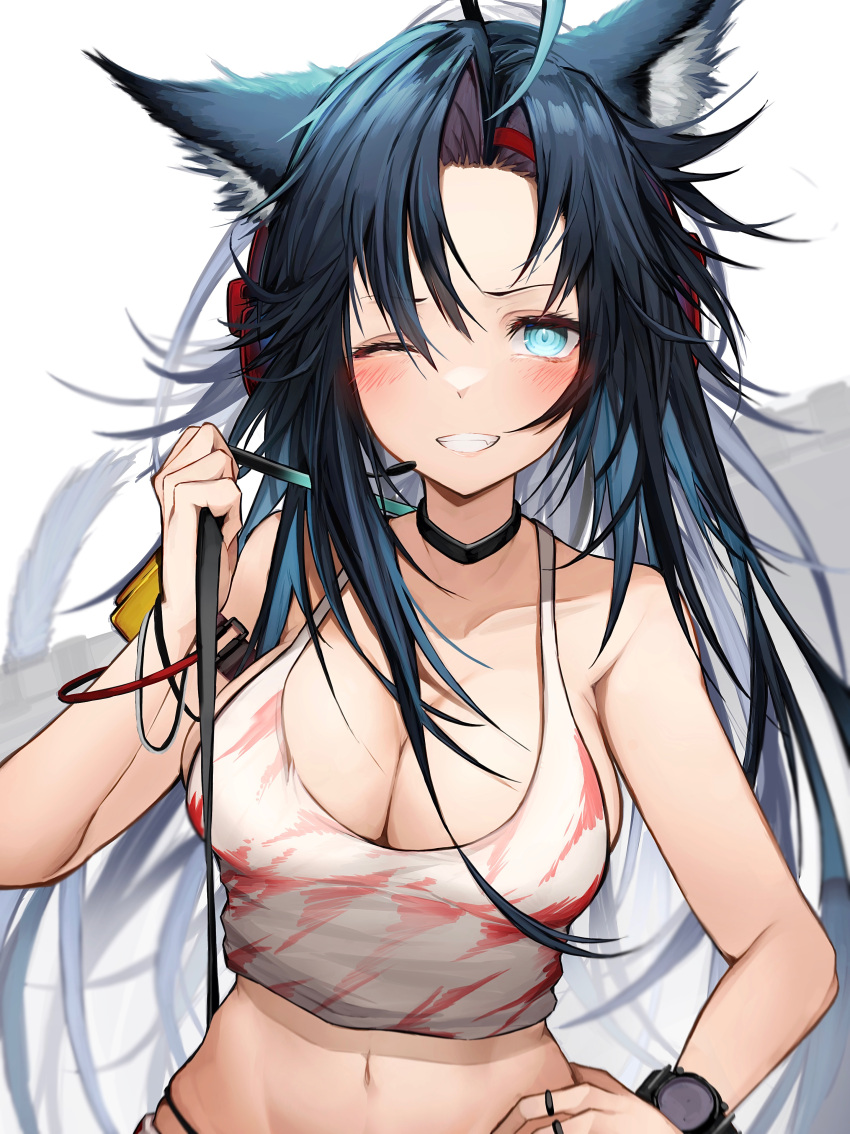 ;d absurdres ahoge animal_ear_fluff animal_ears arknights arm_strap bag_behind_back bare_shoulders black_choker black_hair blaze_(arknights) blaze_(burst_feline)_(arknights) blue_eyes bracelet breasts cat_ears cat_girl cat_tail choker cleavage collarbone crop_top female grin hand_on_own_hip headphones highres jewelry looking_at_viewer multiple_rings navel official_alternate_costume one_eye_closed open_mouth ring sleeveless smile solo tab_head tail teeth upper_body watch wristwatch