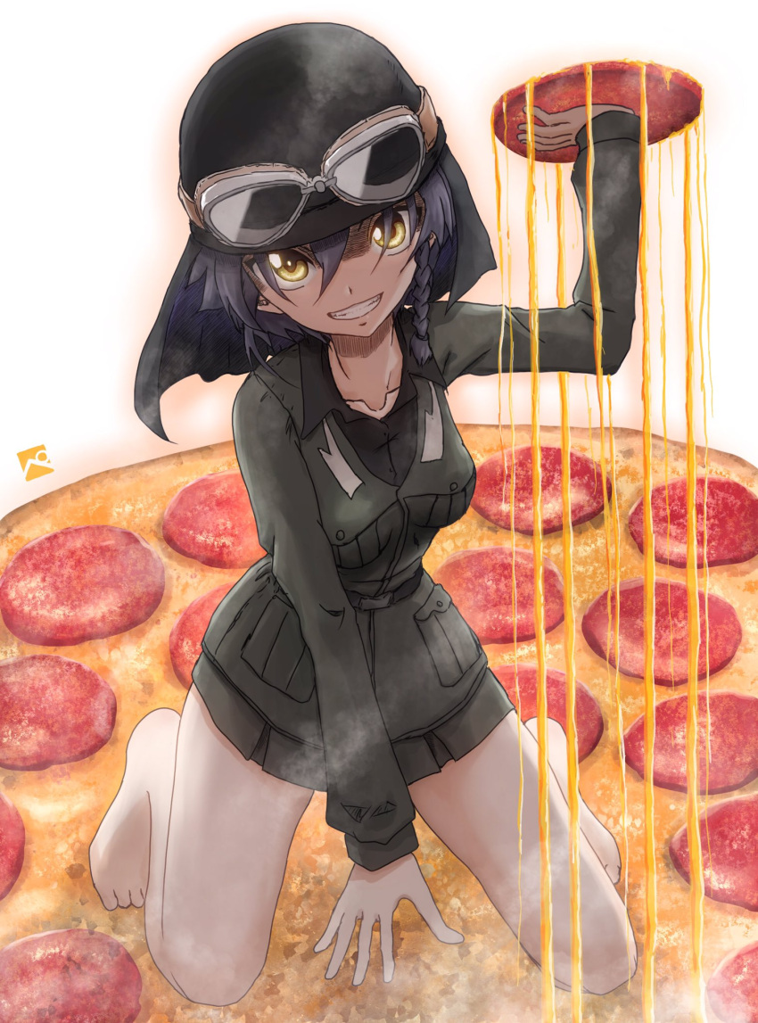 anzio_military_uniform barefoot black_hair black_shirt braid dress_shirt female food girls_und_panzer goggles goggles_on_headwear grey_jacket grey_skirt grin helmet highres jacket kainushi long_sleeves looking_at_viewer miniskirt name_connection object_namesake pepperoni pepperoni_(girls_und_panzer) pizza shirt short_hair side_braid skirt smile solo wing_collar yellow_eyes