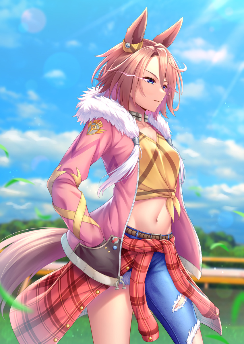 animal_ears asymmetrical_clothes blue_eyes blue_sky blurry blurry_background breasts brown_hair cleavage clothes_around_waist cloud collarbone commentary cowboy_shot day denim ear_ornament female fur-trimmed_jacket fur_trim glowing glowing_eye grass groin hair_between_eyes hand_in_pocket highres horse_ears horse_girl horse_racing_track horse_tail horseshoe_ornament jacket jacket_around_waist jeans long_sleeves midriff narita_taishin_(umamusume) navel open_clothes open_jacket outdoors pants parted_lips pink_jacket plaid plaid_jacket red_jacket shirt short_hair sidelocks sideways_mouth single_pantsleg sky small_breasts solo standing tail tied_shirt torn_clothes torn_pants umamusume yellow_shirt yuunagi_(0217) zipper_pull_tab