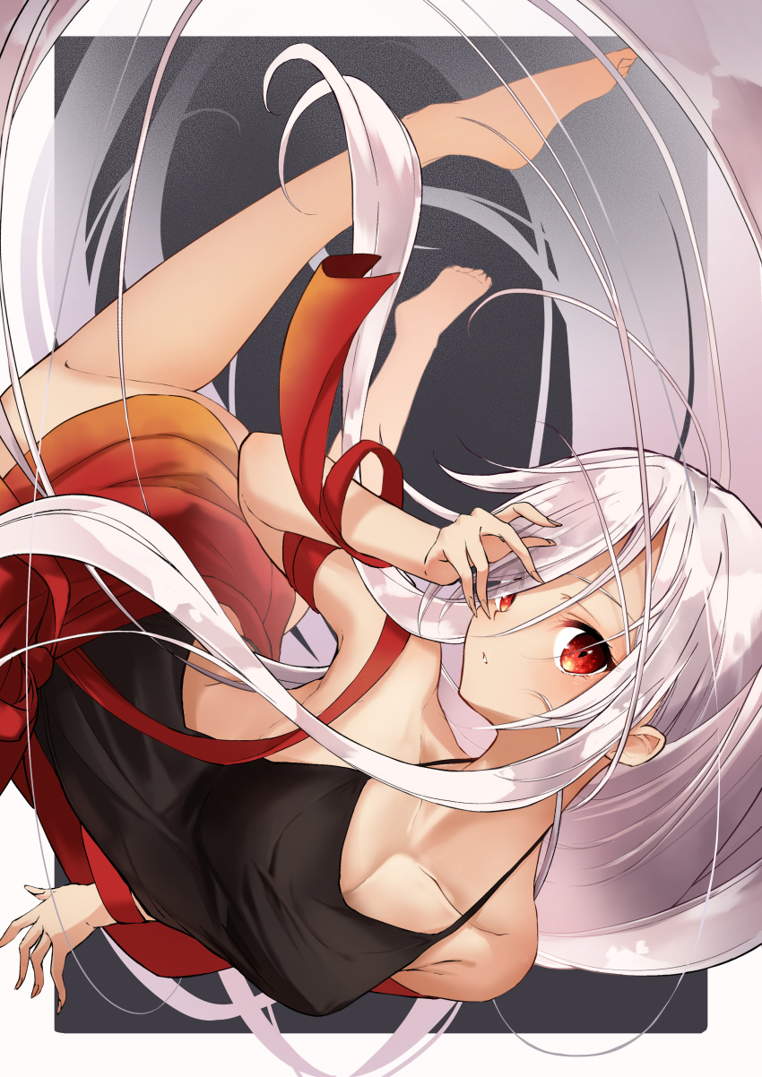 absurdres armpits backless_shirt bare_arms bare_legs barefoot black_shirt breasts chiya_(urara_meirochou) cleavage female floating_hair hair_between_eyes halterneck highres kootee-on long_hair miniskirt parted_lips red_eyes red_skirt shirt skirt sleeveless sleeveless_shirt small_breasts soles solo spaghetti_strap urara_meirochou very_long_hair white_hair